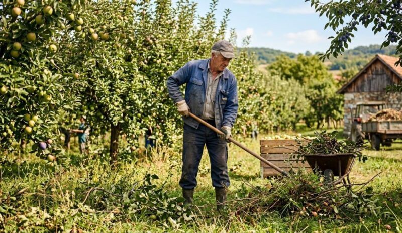 Stariji čovek vredno čisti voćnjak, skupljajući odsečene grane i korov u drvena kolica tokom sunčanog dana.