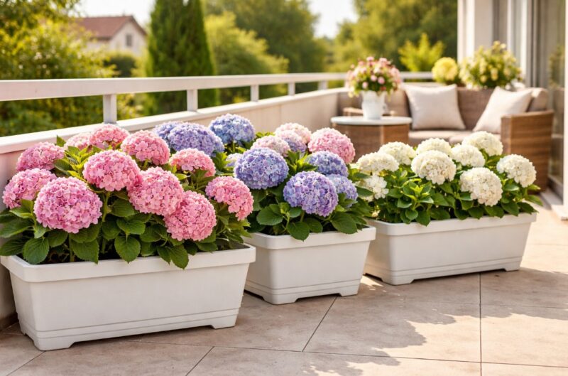 Ružičaste, plave i bele hortenzije posađene u plastičnim žardinjerama na terasi kuće