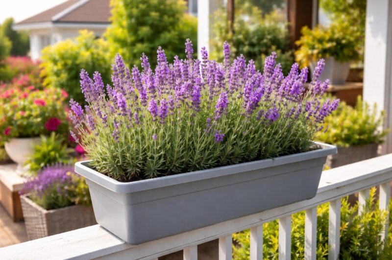 Lavanda posađena u plastičnoj žardinjeri na sunčanoj terasi kuće