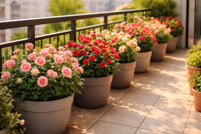 Patuljaste ruže posađene u male plastične saksije poređane uz ogradu sunčane terase