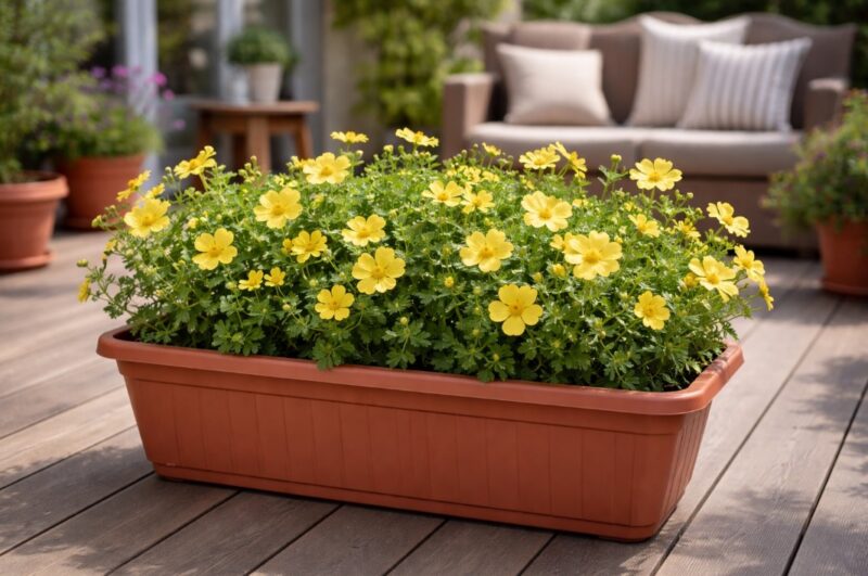 Potentila sa žutim cvetovima posađena u plastičnoj žardinjeri na sunčanoj terasi kuće