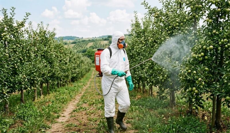 Osoba u belom zaštitnom odelu prska redove jabuka u voćnjaku.