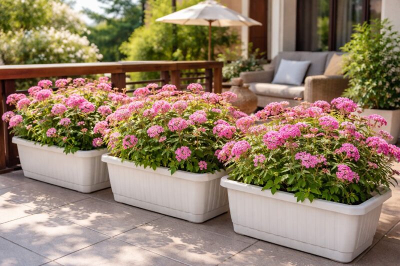Suručica Spirea japonica sa ružičastim cvetovima posađena u bele plastične žardinjere na sunčanoj terasi kuće