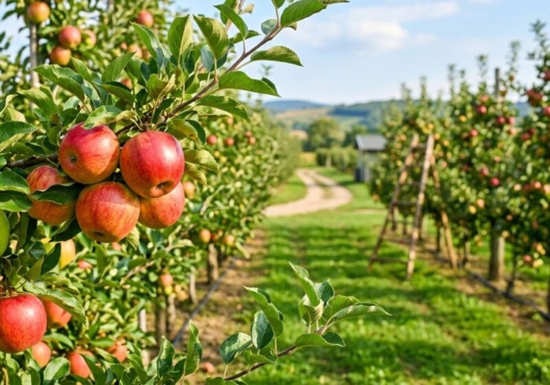 Jabuke u urednom voćnjaku, obasjane suncem i okružene bujnim zelenilom.