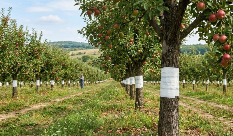 Voćnjak jabuka sa drvećem čija su debla omotana belom zaštitnom trakom.