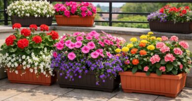 Žbunasto cveće posađeno u plastičnim žardinjerama na osunčanoj terasi