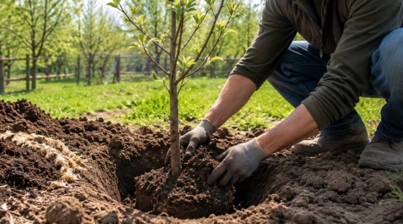 Muškarac u rukavicama sadi mladu sadnicu šljive u pripremljenu jamu u voćnjaku, uz lopatu, rastresitu zemlju i organski materijal, tokom sunčanog prolećnog dana